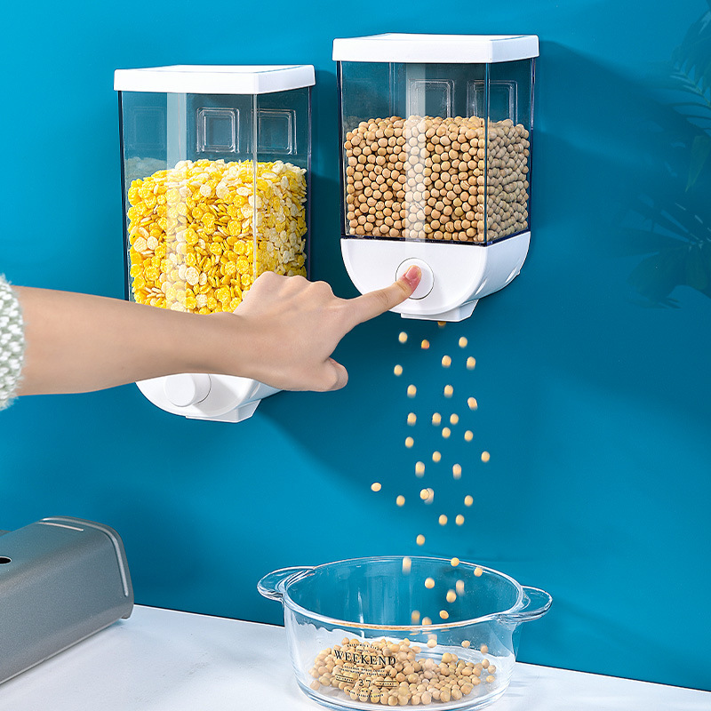 Press-to-Dispense Food Storage Box – Wall-Mount Cereal & Grain Dispenser