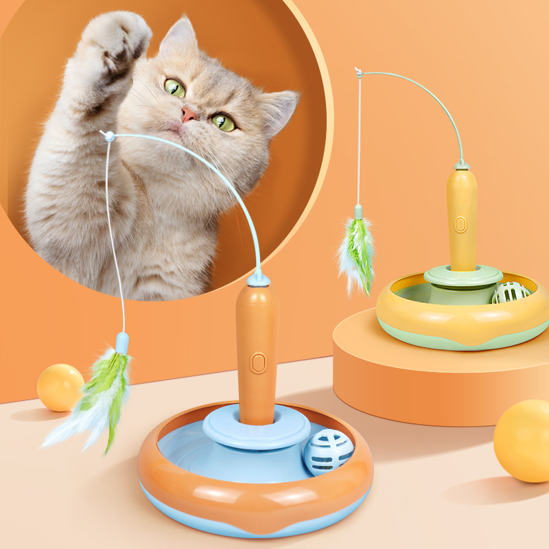 2-in-1 Cat Turntable Toy with Feather – Interactive Self-Play Fun